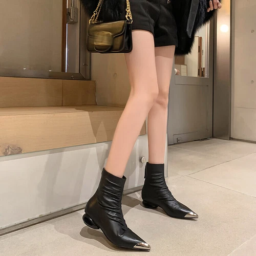 Womens Leather Metal Pointy Toe Draped Mid Heel New Bootie Ankle Boots Shoes - Bild 8 von 17