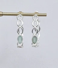 Solid Sterling Silver Light Green Gemstone Twist Hoop Post Earrings - 8.0g