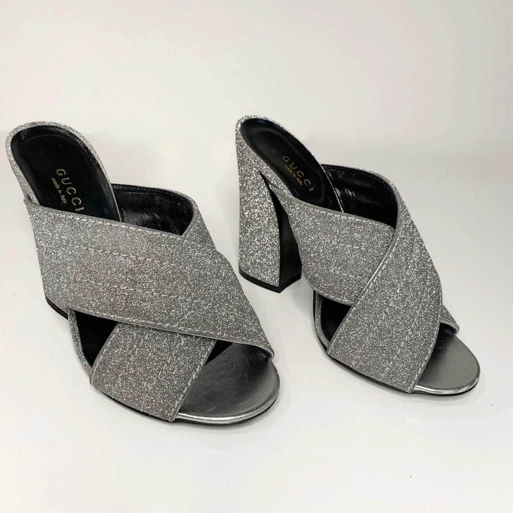 Gucci Webby Mules EU 36,5 US 6,5 sandales croisées argentées paillettes bloc