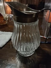 VINTAGE PITCHER RIBBED PRESSED GLASS SILVERPLATE ITALY ICE LIP Guard 9”