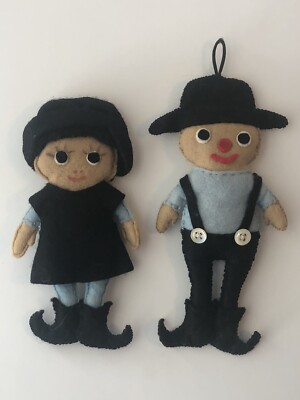 Vintage Plain Folk Anna & Andrew Zook Felt Amish Dolls Christmas Ornaments