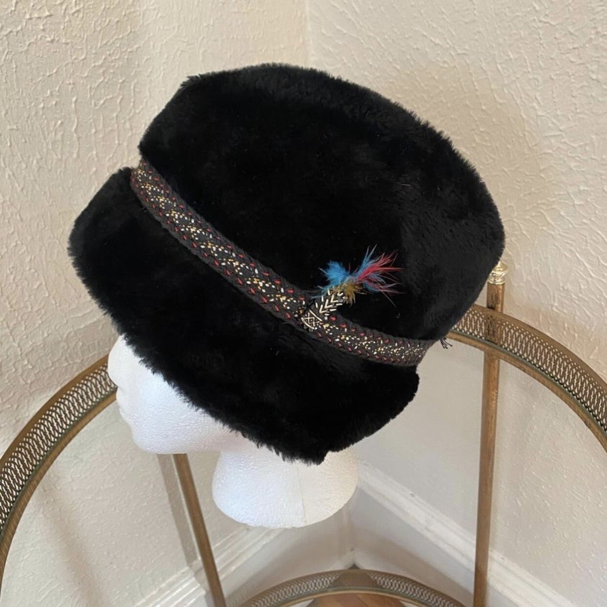 Vintage 60s Medium Black Faux Fur Fedora Cossack Hat Feather  display picture 3