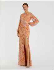 MAC DUGGAL 93547  FLORAL SEQUIND PUFF SLEEVE THIGH SLIT APRICOT GOWN  sz 8