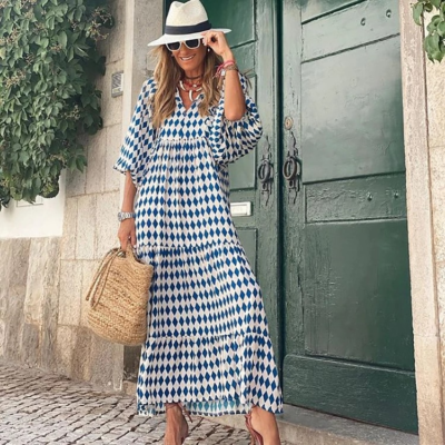 Puff Sleeve Maxi Dress Women Elegant Floral Drawstring V-Neck Vestidos Green / M Puff Sleeve Maxi Dress Women Elegant Floral Drawstring V-Neck Vestidos Green / M