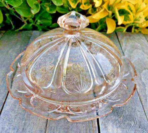 Antique Jeanette Pale Pink Depression Glass Cherry Blossom Covered Butter Dish