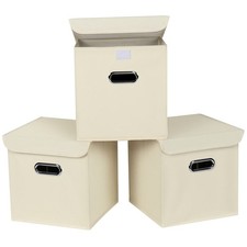 3 Pack Fabric Storage Cube Bins with Lids and Handles, Collapsible Storage Boxes