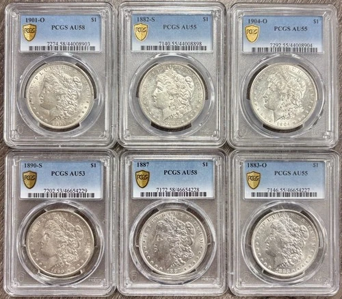 1882-1904 PSO Morgan Silver Dollar $1 Collection, PCGS AU Grades, 6 Coins Total
