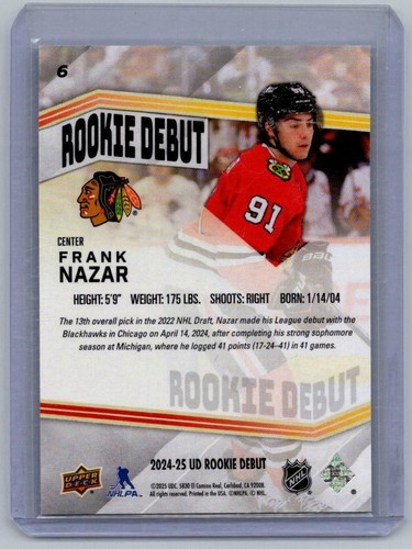 2024-25 Upper Deck UD Rookie Debut Frank Nazar #6 RC - Picture 2 of 2