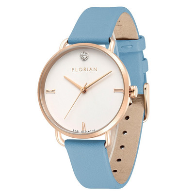 Ladies Diamond Rose Gold Analogue Watch Angel Blue Leather Strap 36mm