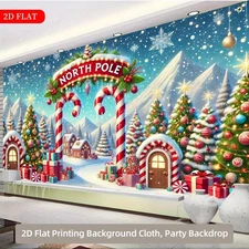 2D flat horizontal banner, 1pc extra large 71x157 inches, Santa Claus cabin cand