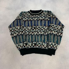 Vintage Abstract Knitted Jumper Patterned Grandad Knit Sweater Men's L