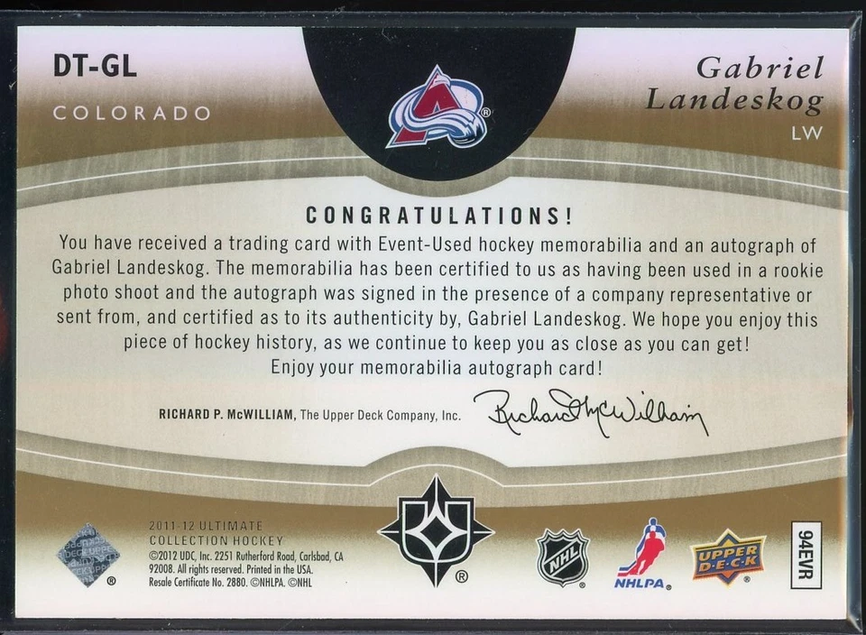 2011-12 Ultimate Collection Debut Threads Autographs #GL Gabriel Landeskog 48/50 - Image 2 of 2