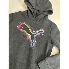 PUMA Gray Hooded Pullover Hoodie Sweater Pockets Youth Girls Small 7/8
