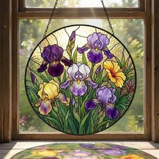 Purple Iris Glass Suncatcher, Floral Stained Glass Style Window Hanging
