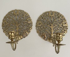 Vintage Pair Brass Tulip Tree of Life Medallion Candle Holders Wall Sconces