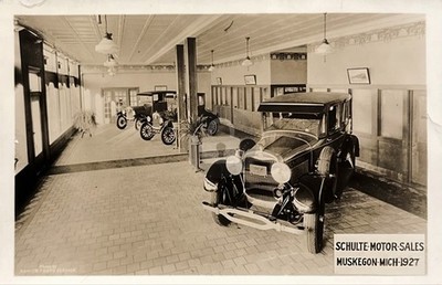 Interior Schulte Motor Sales Showroom 1927 Muskegon MI MI RPPC Postcard COPY