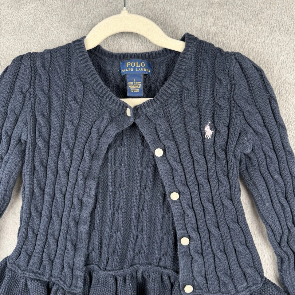 Polo Ralph Lauren Cárdigan Suéter Niñas 6 Peplum Azul Marino Cable Tejido Preppy Foto 3 de 4