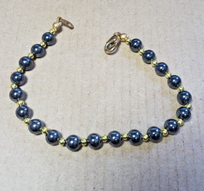 Vintage Artisan Crafted Polished Hematite Bead Gold tone Bead Bracelet Fashion