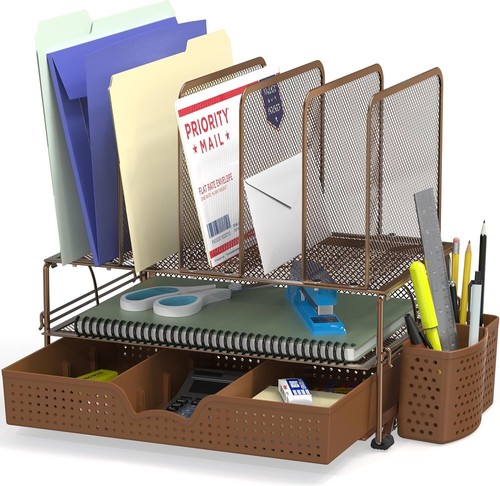 Houseware Mesh Desk Organizer with Sliding Drawer, Double Tray&5Upright Sections