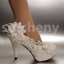 su.cheny 2/3/4  White ivory heels lace ribbon crystal pearl Wedding bridal shoes