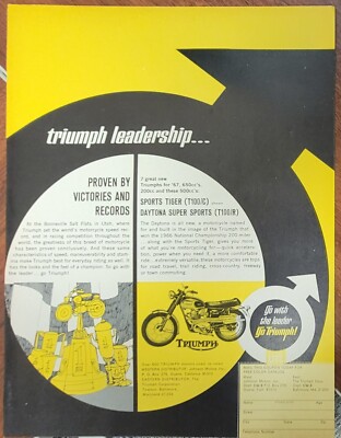 1967 Triumph Sports Tiger T100/C Motorcycle Print Ad