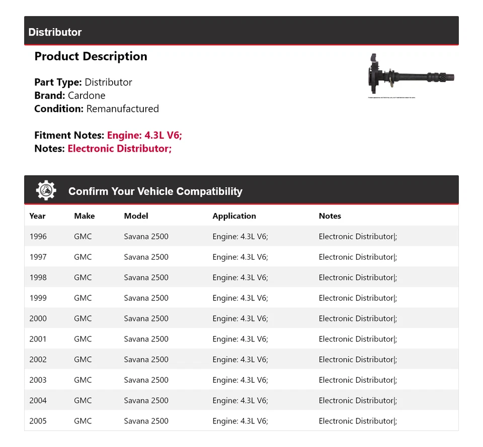 For 1996-2005 GMC Savana 2500 4.3L V6 Distributor Cardone 1997 1998 1999 2000 - Image 2 of 4