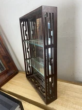 Vintage Wood And Mirror Asian Inspired Pattern Display Shelving Curio Cabinet