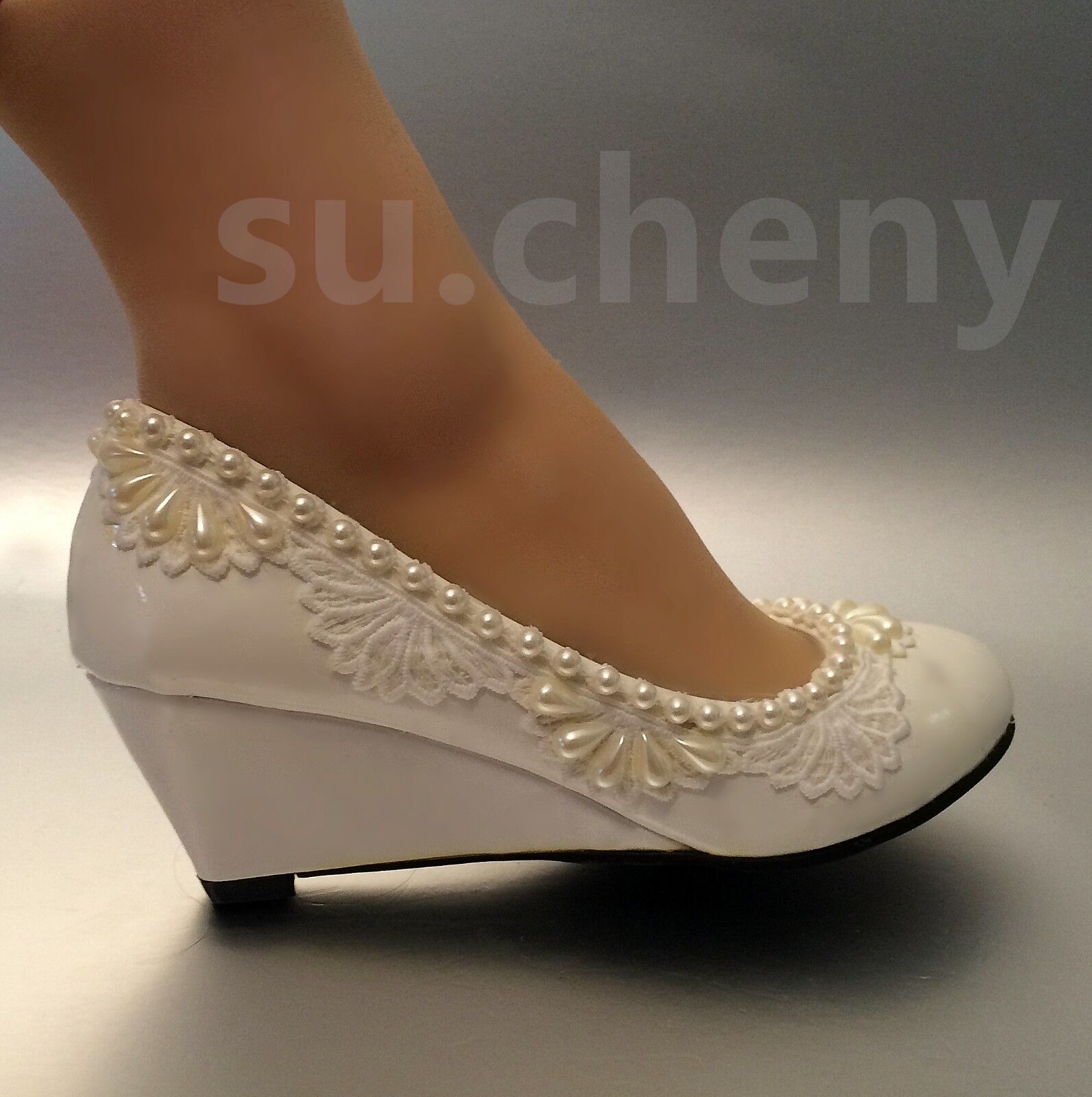 su.cheny 2” Wedge lace pearls white light ivory Wedding Bridal shoes ...