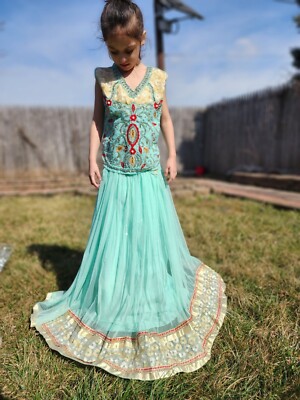 Aqua blue pakistani embellishments indian girls traditional dress