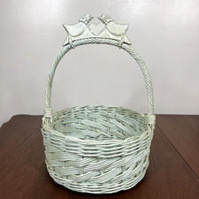 Vintage Woven Spring Easter Basket Carved Birds Wooden Handle Pastel Green 11x16