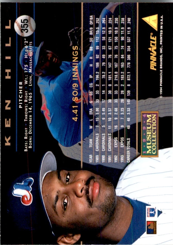 1994 PINNACLE TOPPS MUSEUM COLLECTION KEN HILL MONTREAL EXPOS #355 - Image 2 of 2