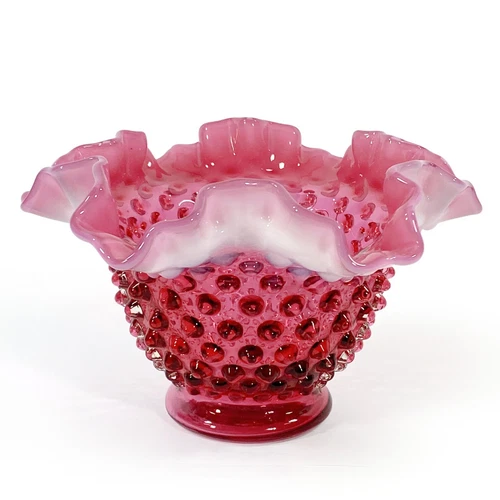 Fenton Hobnail Vase Cranberry Opalescent Ruffled Edge Bowl 4" Tall x 6.25" Wide