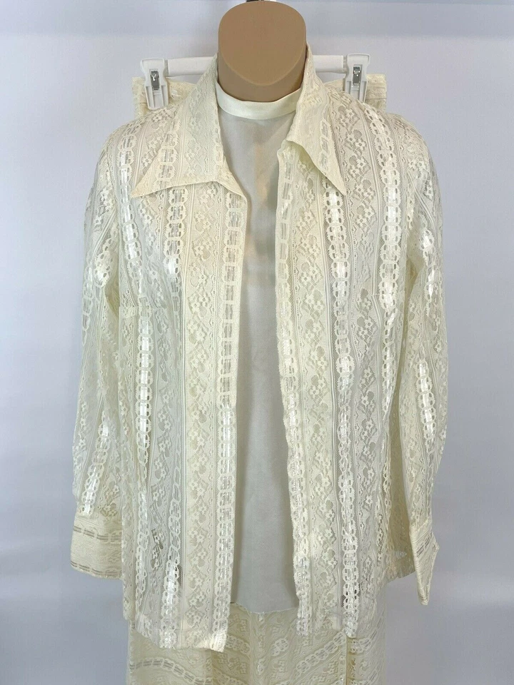 Conjunto de 3 piezas falda larga blusa boho festival vintage de encaje marfil Foto 3 de 4