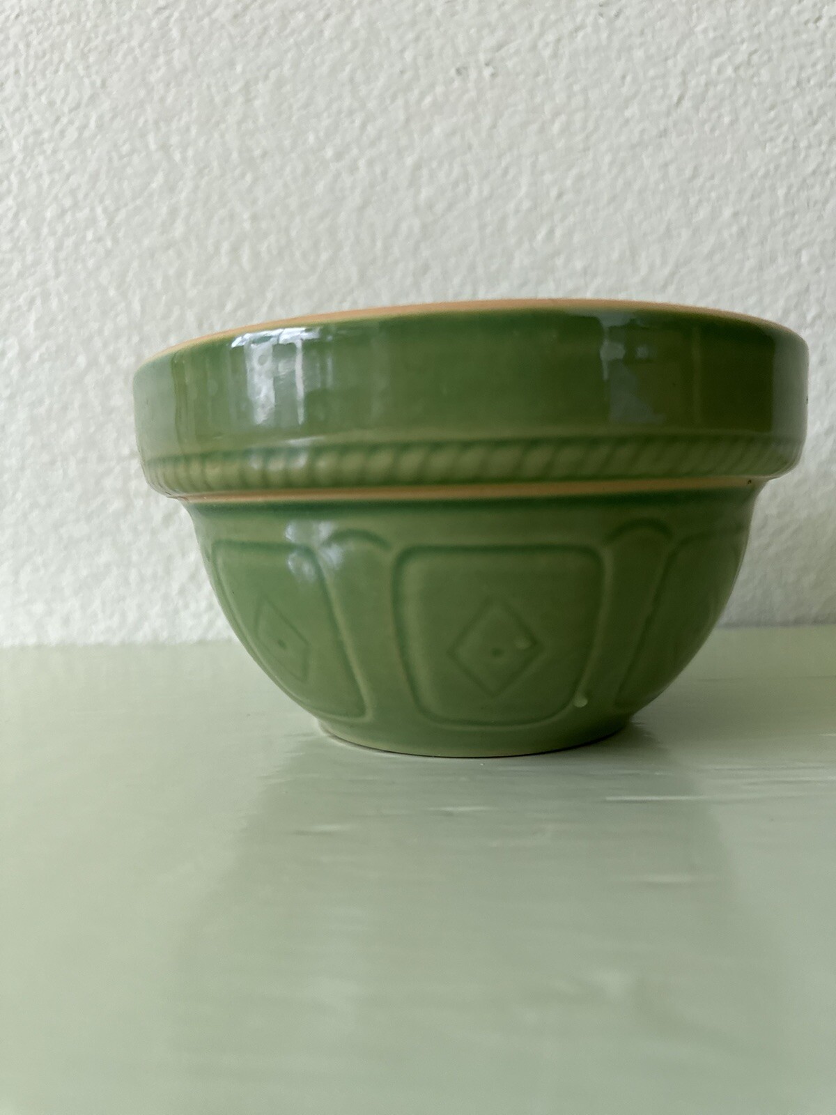 Vintage Over and Back Yellow Ware 6" Stackable Bowl Embossed Green