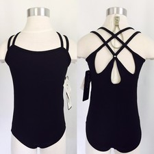 So Danca Girls Microfiber Twin Strap Leotard w/ Crystal, Black, Size 4-6, NWD
