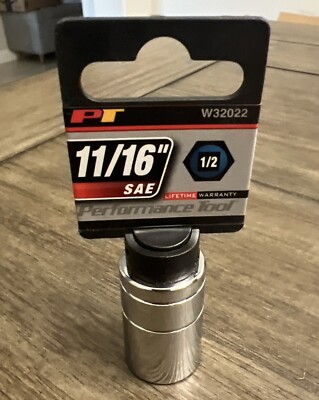 Performance Tool W32022 11/16'' Chrome Shallow Socket 1/2'' Drive 6 Point 