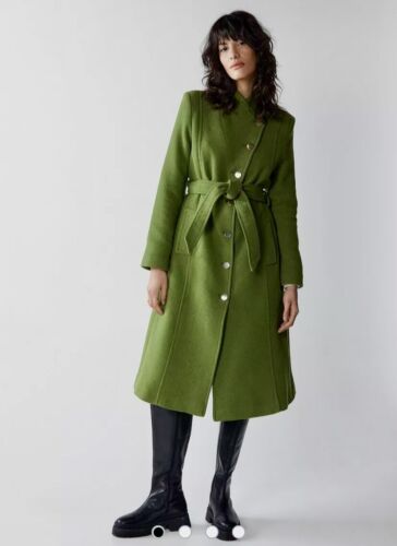 Warehouse Italian Wool Tailored Belted Wrap Green Coat Size 10 - Picture 1 of 4