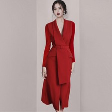 Women Long Party Evening Dress Long Sleeve Irregular Red Suit Collar Dress