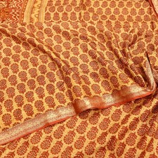 Vintage Beige Orange Pure Silk Saree Indian Printed Silk Fabric 5 Yards Boho