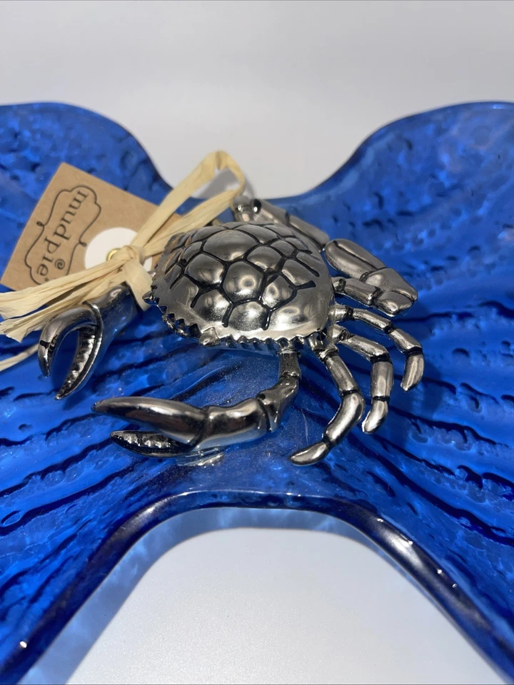 Mudpie 2013 Silver Crab Blue Glass Appetizer Dish Platter 12 Inch - Image 2 of 4