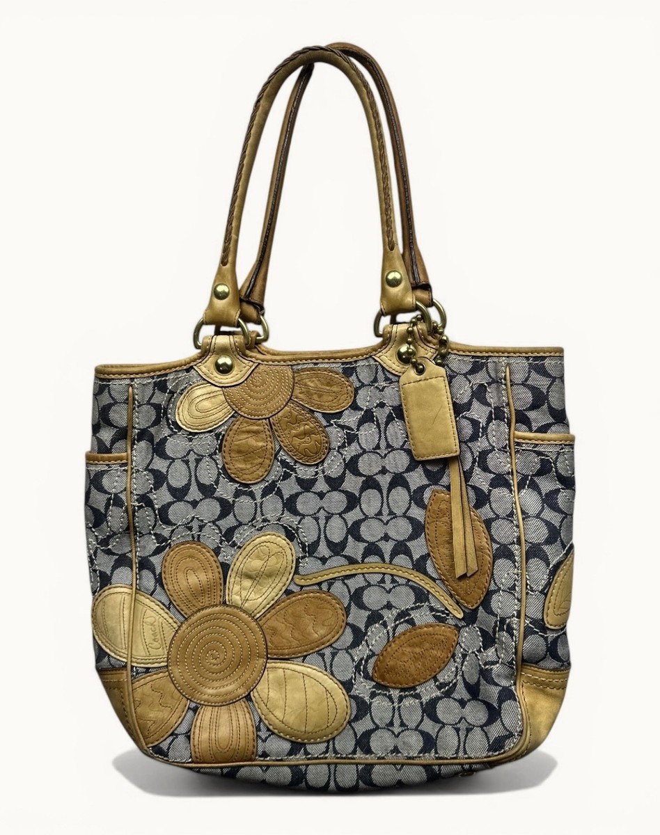 Vintage Women's Coach Bleeker Denim Floral Leather Tote Purse