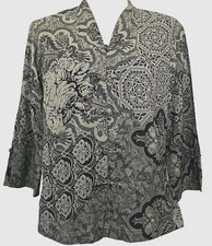 Citron Santa Monica Women's Green Black Floral 3/4 Sleeve Linen Silk Top PS