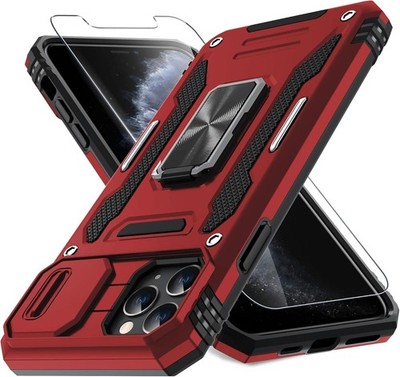 For iPhone 11 Pro Max Case Case with  Screen Protec Slide Camera Cover PC Red
