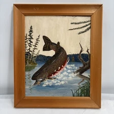Vtg Primitive Folk Art Oil Painting Trout Jumping for Fly North Woods Camp Lodge
