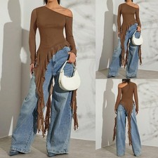 Women Slim Fit Tassels Tops One Shoulder Long Sleeve Y2K Party T-Shirt Blouse
