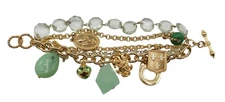 Gold Tone Multi Strand Green Beaded Charm Chain Toggle Bracelet Ornate Statement