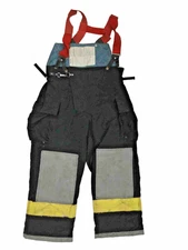42x28 Quaker Black Firefighter Turnout Pants w/ Yellow Tape & Suspenders P1480