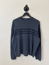 Vintage Sweater Mens Large Navy 90s Crewneck Pullover Grandpa Striped