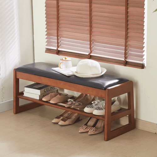 Banco de zapatos de madera con cojín suave de PU diseño de doble capa con compartimento de almacenamiento - Imagen 14 de 15