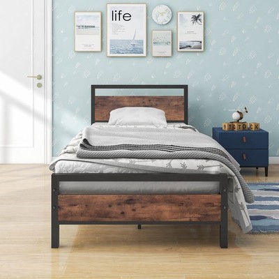 Twin Size Bed Frame with Vintage Wood Headboard Farmhouse Bed,Heavy Duty Meta...